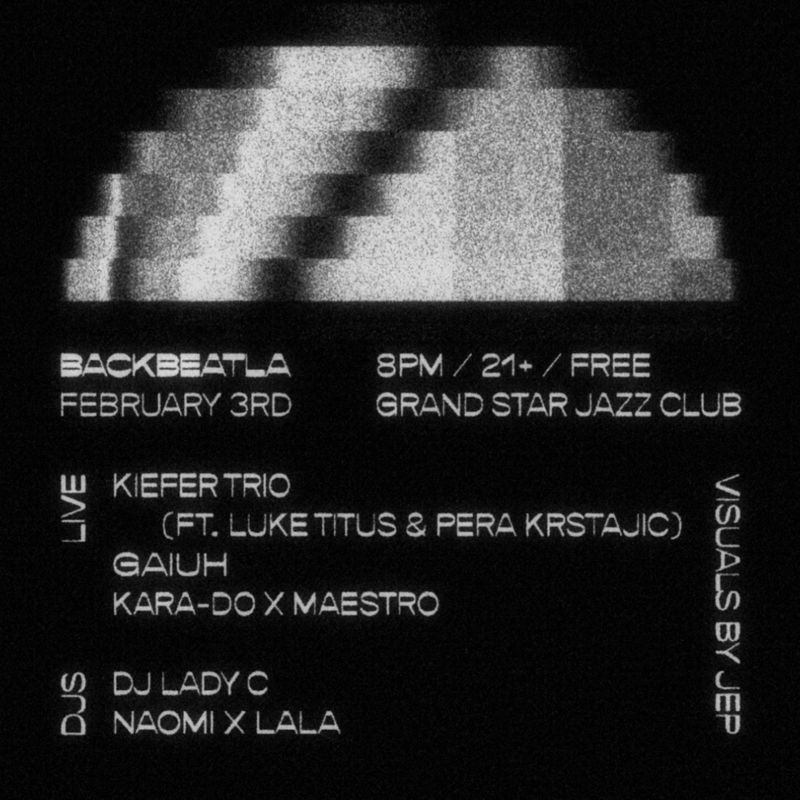 Flyer for event by Backbeat LA with performances by Kiefer and others, with gray half circle with rays of white