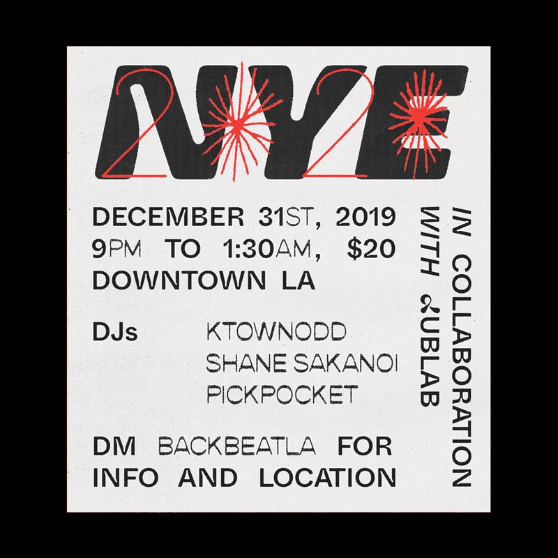 Flyer of event titled NYE 2020 with DJ sets by KTOWNODD and others with the 2020 in red and representing fireworks
