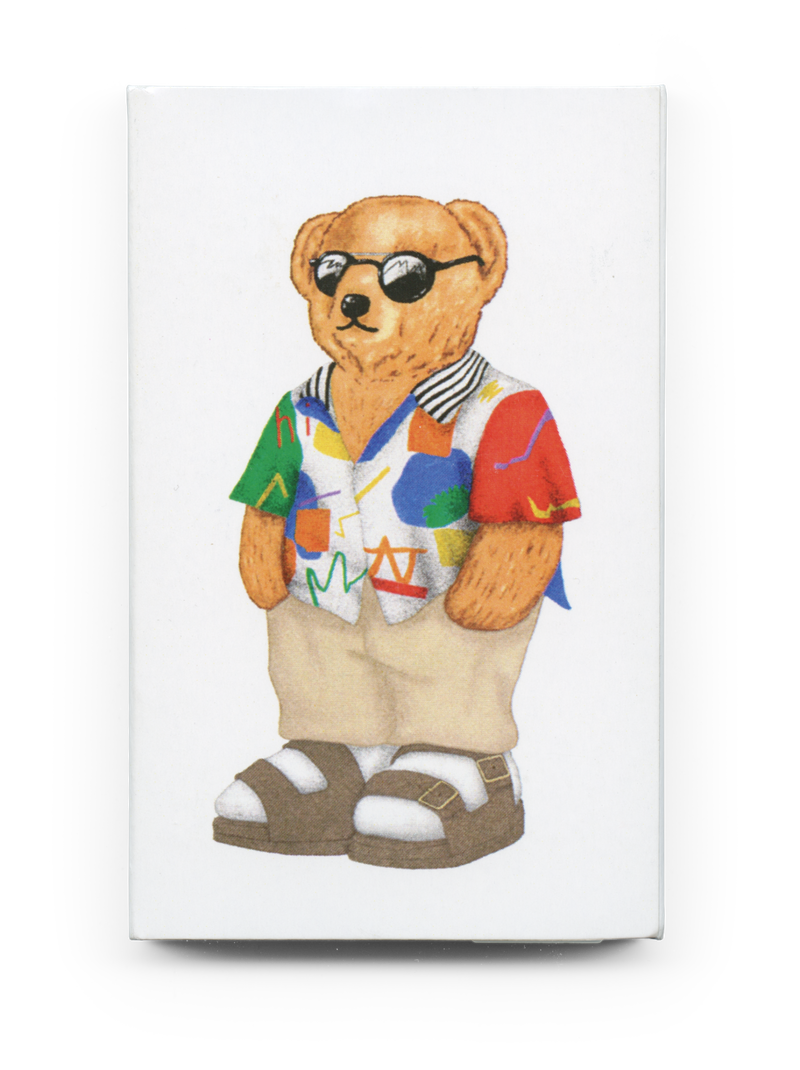 Back of (818) JA-NET cassette tape O-card showing polo bear in colorful clothes