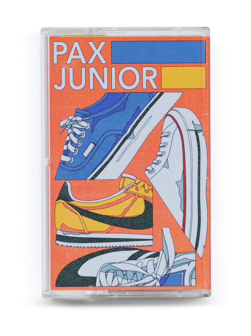 Front of orange Junior cassette tape J-card with collage of sneakers