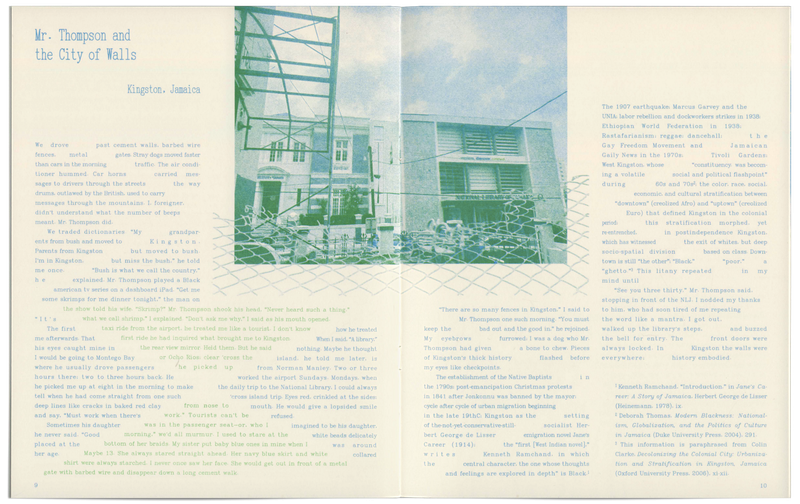 Spread of the Poetics of Propagation zine titled Mr. Thompson and the City of Walls with text laid out in a fence-style grid